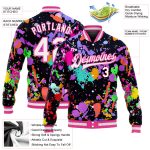 Custom Name and Number Varsity Letterman Jacket White-Pink Graffiti 3D Bomber with Full-Snap Design Personalized Graffiti