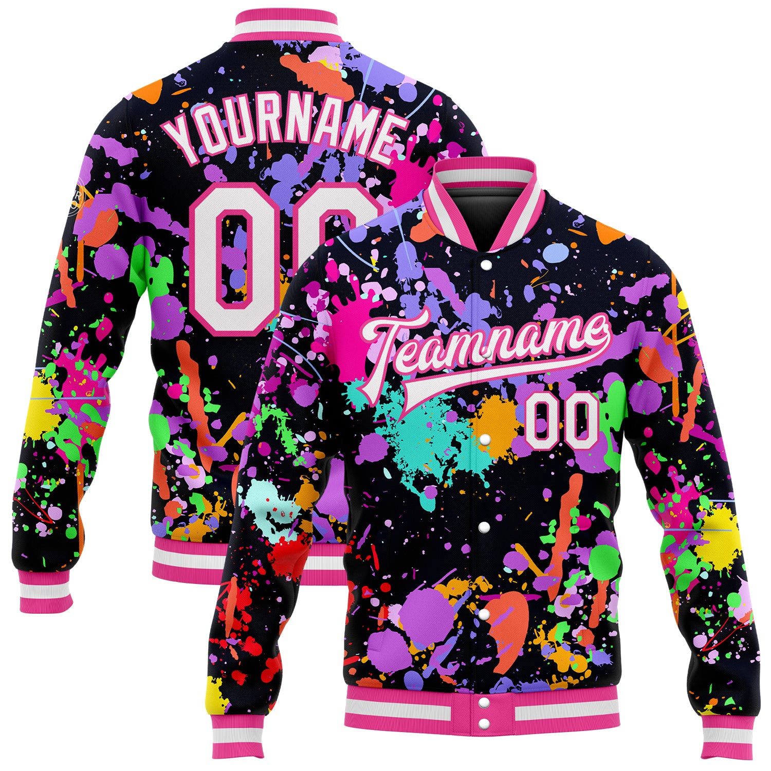Custom Name and Number Varsity Letterman Jacket White-Pink Graffiti 3D Bomber with Full-Snap Design Personalized Graffiti