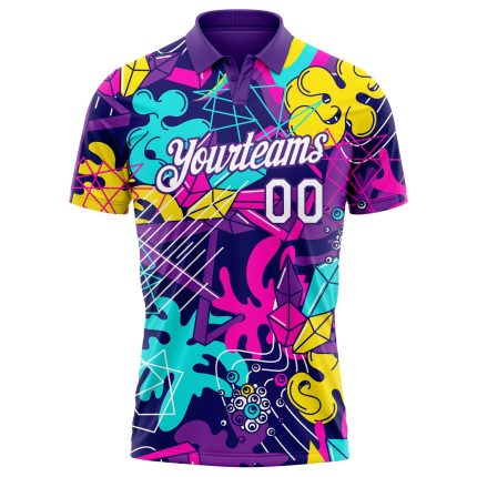 Custom Name Number Golf Polo Shirt 3D Performance Graffiti White Purple Pattern Personalized Graffiti Pattern White-Purple