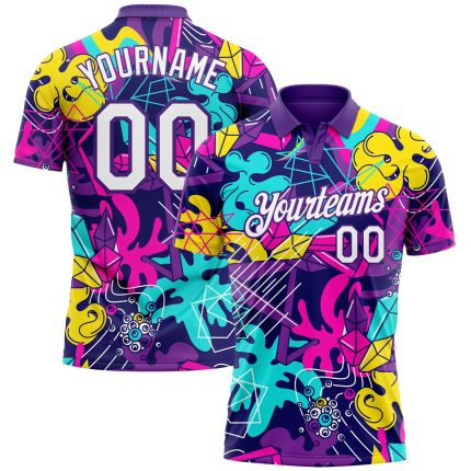 Custom Name Number Golf Polo Shirt 3D Performance Graffiti White Purple Pattern Personalized Graffiti Pattern White-Purple