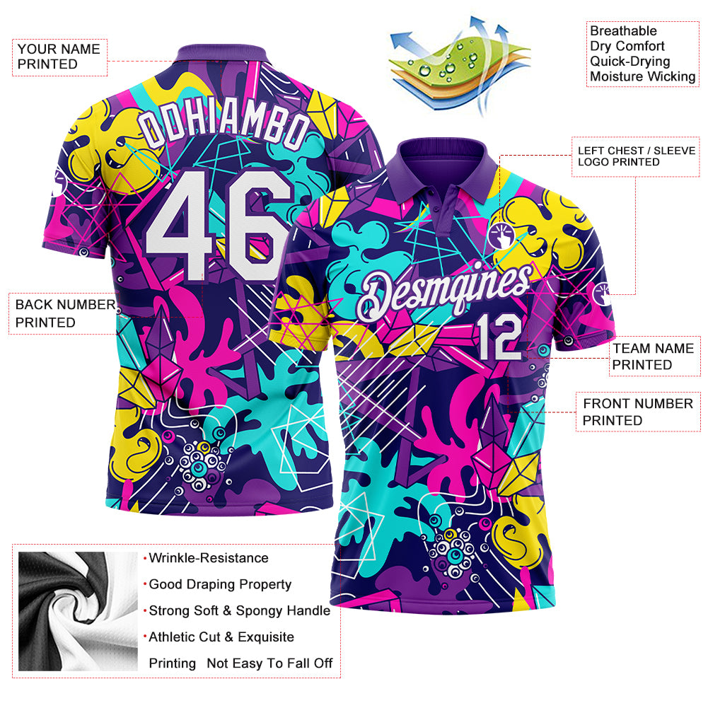 Personalized Graffiti Pattern White-Purple 3D Performance Golf Polo Shirt Team Custom Name and Number Custom Name Number Golf Polo Shirt 3D Performance Graffiti White Purple Pattern Personalized Graffiti Pattern White-Purple - Image 3