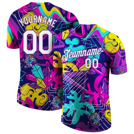 Custom Personalized 3D Graffiti Pattern Performance T-Shirt - White-Purple Team Name & Number Personalized Graffiti Pattern