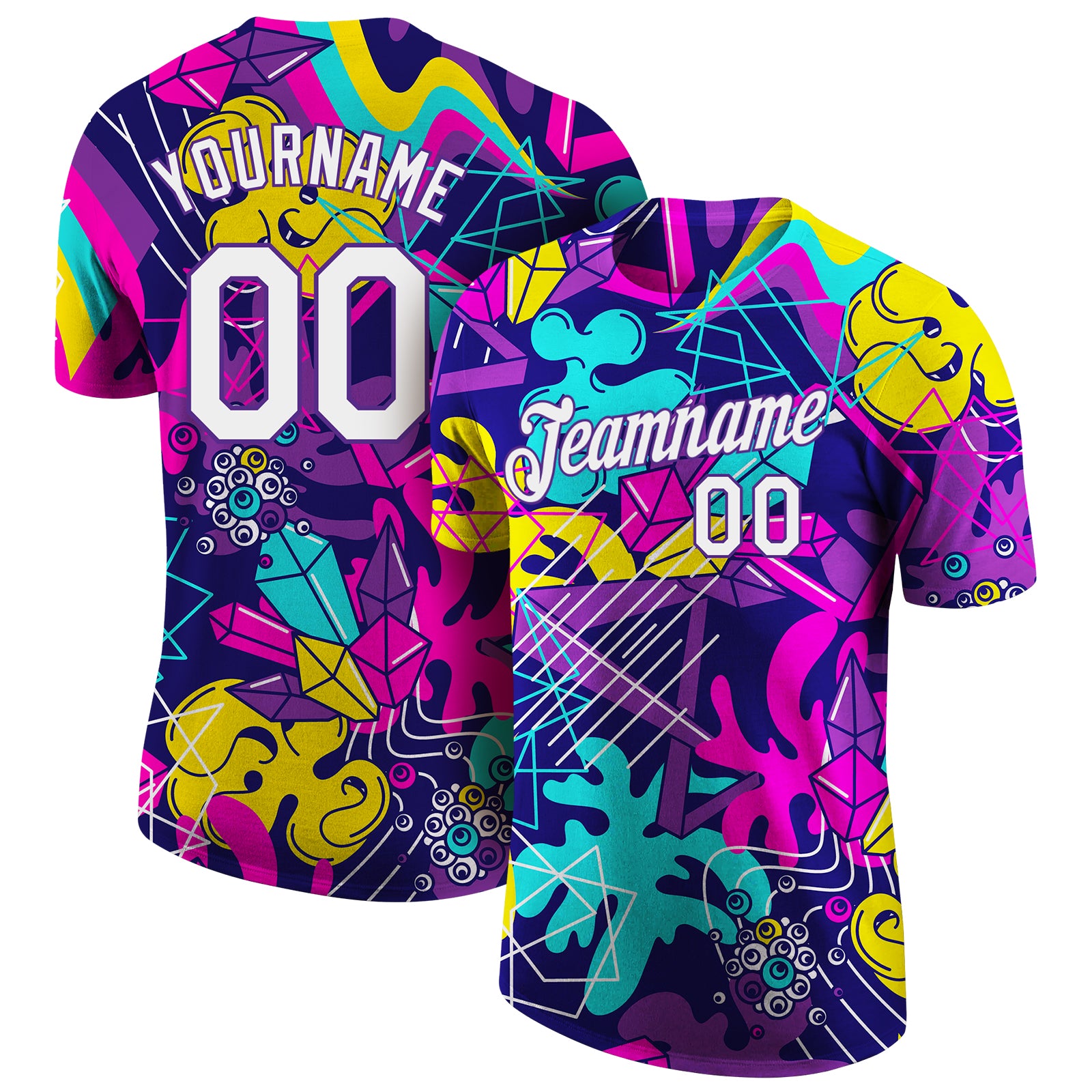 Custom Personalized 3D Graffiti Pattern Performance T-Shirt - White-Purple Team Name & Number Personalized Graffiti Pattern