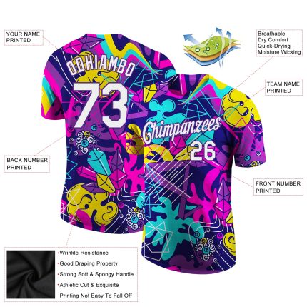 Custom Personalized 3D Graffiti Pattern Performance T-Shirt - White-Purple Team Name & Number Personalized Graffiti Pattern