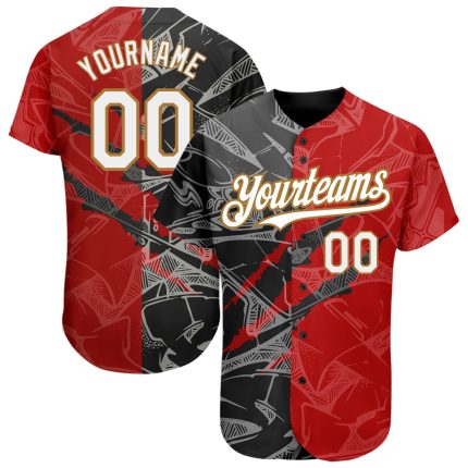 Custom Name & Number Authentic Baseball Jersey, 3D Graffiti Pattern in White, Red, Black & Old Gold Personalized Graffiti