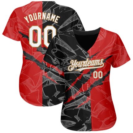 Custom Name & Number Authentic Baseball Jersey, 3D Graffiti Pattern in White, Red, Black & Old Gold Personalized Graffiti