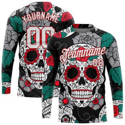 Custom Name Number 3D Skull Graffiti Pattern Long Sleeve Performance T-Shirt - White Red Fashion Tee Personalized Graffiti