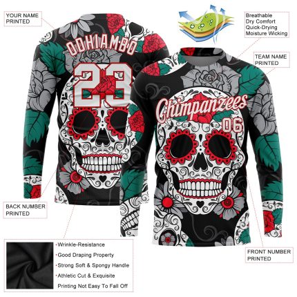 Custom Name Number 3D Skull Graffiti Pattern Long Sleeve Performance T-Shirt - White Red Fashion Tee Personalized Graffiti