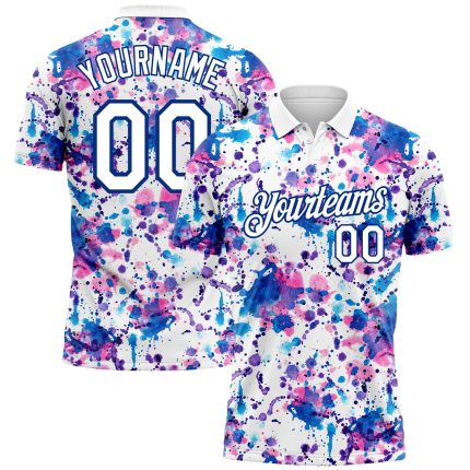 Custom Name Number 3D Abstract Watercolor Graffiti Pattern Golf Polo Shirt White-Royal Performance Apparel Personalized Graffiti