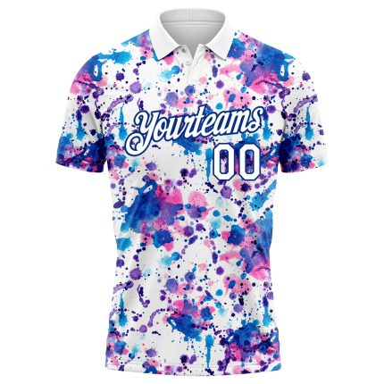 Custom Name Number 3D Abstract Watercolor Graffiti Pattern Golf Polo Shirt White-Royal Performance Apparel Personalized Graffiti
