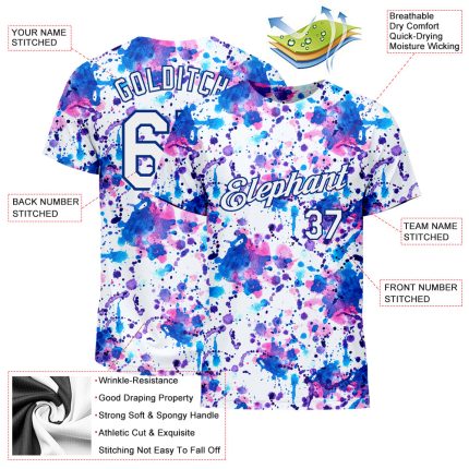 Custom Name Number Graffiti Pattern Performance T-Shirt - 3D Abstract Watercolor White-Royal Design Personalized Graffiti