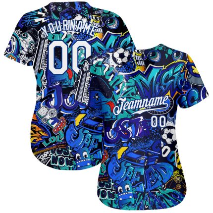 Custom Graffiti Pattern Baseball Jersey - Personalized White-Royal 3D Authentic Team Name & Number Personalized Graffiti