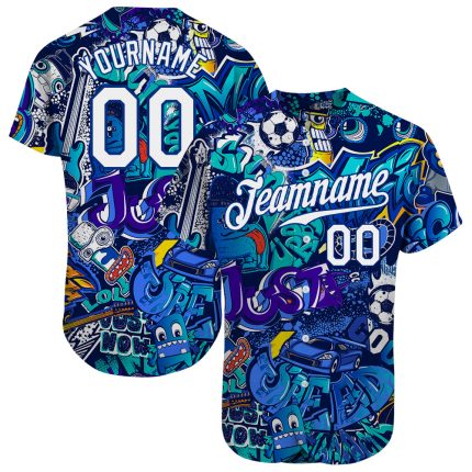 Custom Graffiti Pattern Baseball Jersey - Personalized White-Royal 3D Authentic Team Name & Number Personalized Graffiti