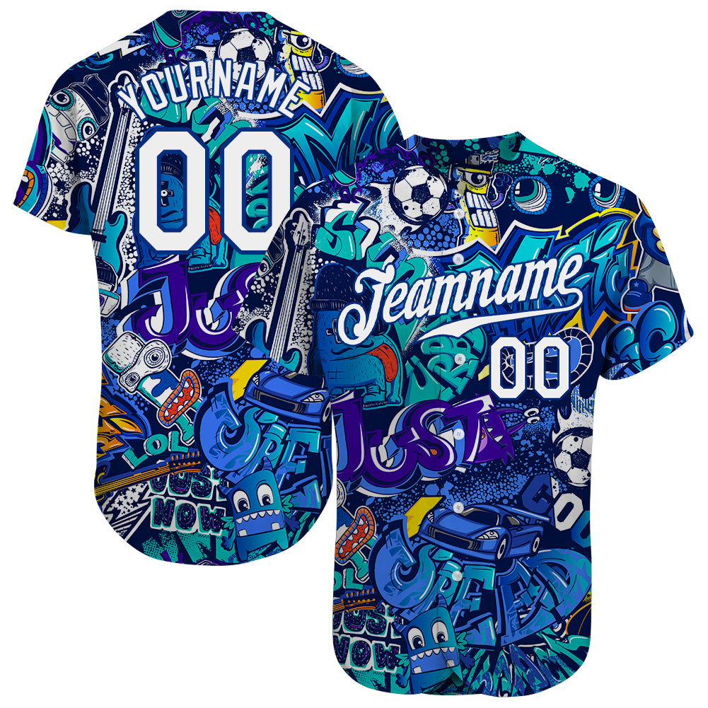 Custom Graffiti Pattern Baseball Jersey - Personalized White-Royal 3D Authentic Team Name & Number Personalized Graffiti