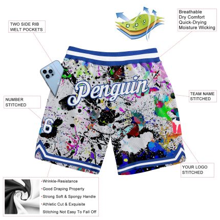 Personalized 3D Graffiti Pattern Basketball Shorts with Custom Name & Number - White-Royal Team Apparel Personalized Graffiti