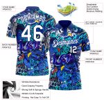Custom Name Number Personalized 3D Performance Golf Polo Shirt - White-Royal Graffiti Pattern Personalized Graffiti Pattern