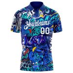 Custom Name Number Personalized 3D Performance Golf Polo Shirt - White-Royal Graffiti Pattern Personalized Graffiti Pattern