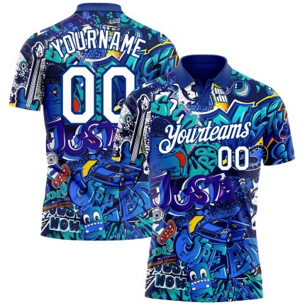 Custom Name Number Personalized 3D Performance Golf Polo Shirt - White-Royal Graffiti Pattern Personalized Graffiti Pattern