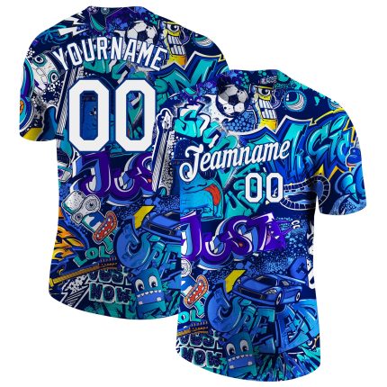 Custom Name Number 3D Performance T-Shirt - Personalized Graffiti Pattern White-Royal Design Personalized Graffiti Pattern