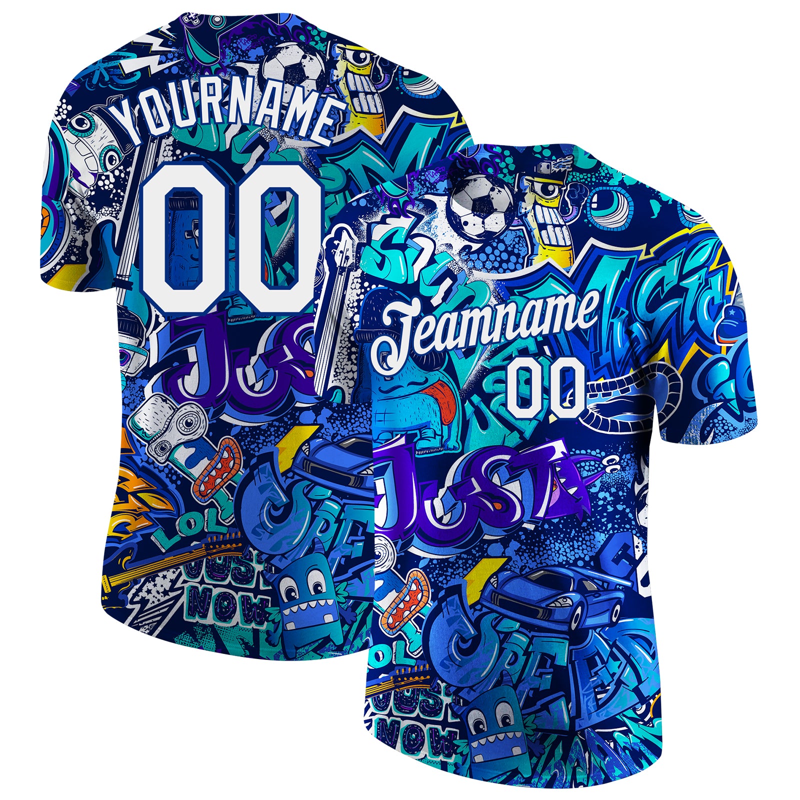 Custom Name Number 3D Performance T-Shirt - Personalized Graffiti Pattern White-Royal Design Personalized Graffiti Pattern