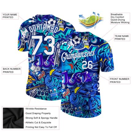 Custom Name Number 3D Performance T-Shirt - Personalized Graffiti Pattern White-Royal Design Personalized Graffiti Pattern