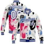 Custom Graffiti Pattern White-Royal 3D Bomber Varsity Letterman Jacket for Men Personalized Graffiti Pattern White-Royal