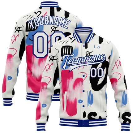 Custom Graffiti Pattern White-Royal 3D Bomber Varsity Letterman Jacket for Men Personalized Graffiti Pattern White-Royal