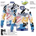 Custom Name and Number Personalized White and Royal Graffiti Bomber Jacket | 3D Varsity Letterman Style Personalized Graffiti