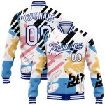 Custom Name and Number Personalized White and Royal Graffiti Bomber Jacket | 3D Varsity Letterman Style Personalized Graffiti