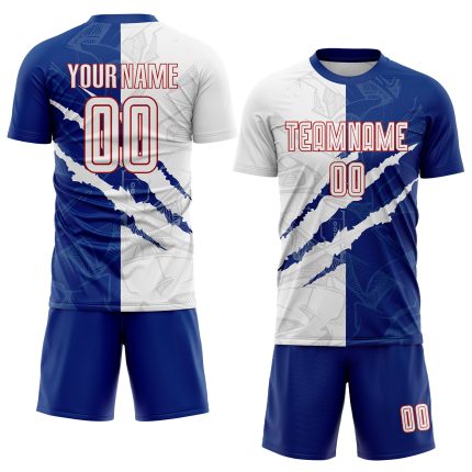 Custom Personalized Graffiti Pattern Soccer Jersey with Name and Number - White Royal-Red Scratch Sublimation Uniform Personalized