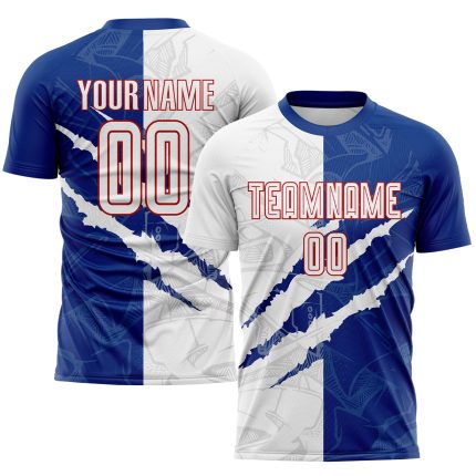 Custom Personalized Graffiti Pattern Soccer Jersey with Name and Number - White Royal-Red Scratch Sublimation Uniform Personalized