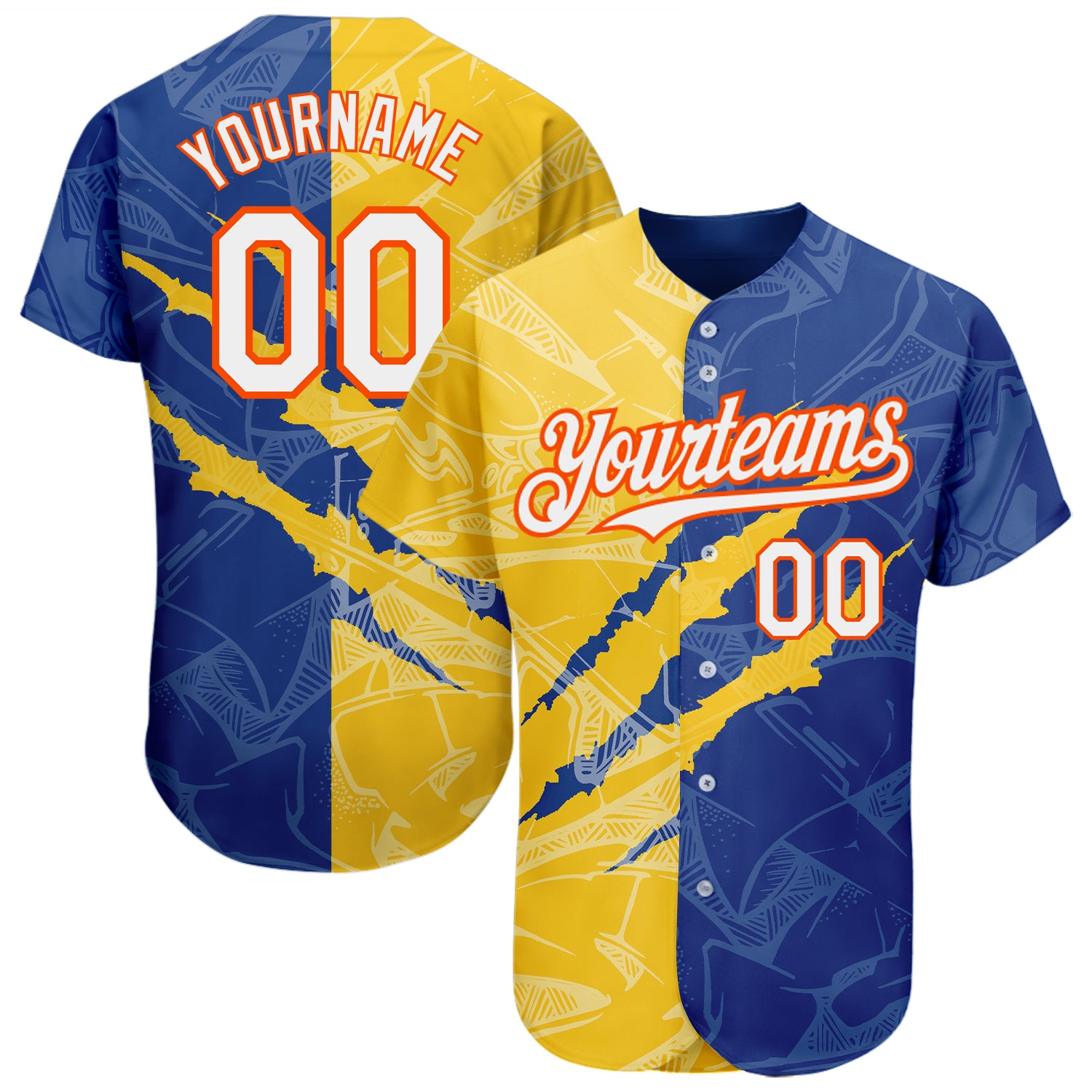Personalized Graffiti Pattern 3D Authentic Baseball Jersey White Royal Yellow-Orange Custom Name and Number Personalized