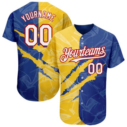 Custom 3D Scratch Embroidered Baseball Jersey - Personalized Graffiti Pattern in White, Royal, Yellow-Red with Name & Number