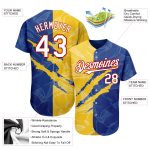 Custom 3D Scratch Embroidered Baseball Jersey - Personalized Graffiti Pattern in White, Royal, Yellow-Red with Name & Number