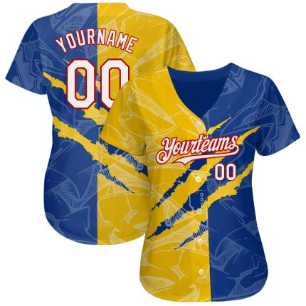 Custom 3D Scratch Embroidered Baseball Jersey - Personalized Graffiti Pattern in White, Royal, Yellow-Red with Name & Number