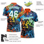 Custom Name Number Golf Polo Shirt 3D Graffiti Pattern White Teal Grunge Design Performance Athletic Wear Personalized Graffiti