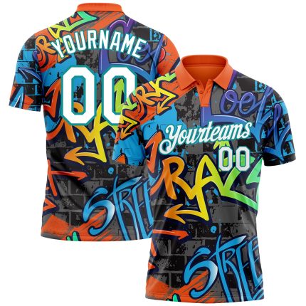 Custom Name Number Golf Polo Shirt 3D Graffiti Pattern White Teal Grunge Design Performance Athletic Wear Personalized Graffiti