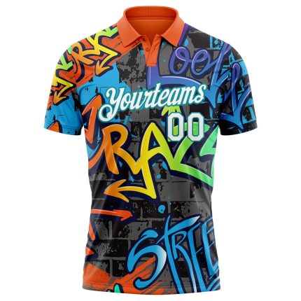 Custom Name Number Golf Polo Shirt 3D Graffiti Pattern White Teal Grunge Design Performance Athletic Wear Personalized Graffiti