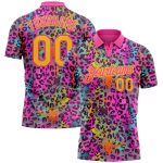 Custom Golf Polo Shirt with Personalized Graffiti Yellow-Pink Leopard Print, Team Name and Number, 3D Colorful Design Personalized