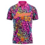 Custom Golf Polo Shirt with Personalized Graffiti Yellow-Pink Leopard Print, Team Name and Number, 3D Colorful Design Personalized