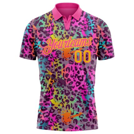 Custom Golf Polo Shirt with Personalized Graffiti Yellow-Pink Leopard Print, Team Name and Number, 3D Colorful Design Personalized