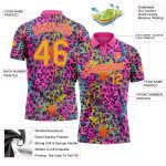 Custom Golf Polo Shirt with Personalized Graffiti Yellow-Pink Leopard Print, Team Name and Number, 3D Colorful Design Personalized
