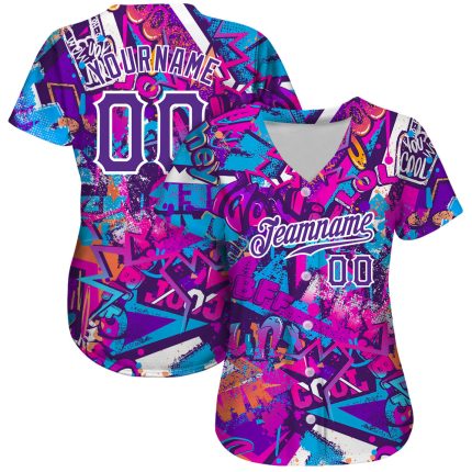 Custom Name & Number Personalized 3D Graffiti Baseball Jersey White Purple Pattern Personalized Graffiti Words Pattern White-Purple