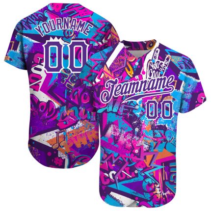 Custom Name & Number Personalized 3D Graffiti Baseball Jersey White Purple Pattern Personalized Graffiti Words Pattern White-Purple