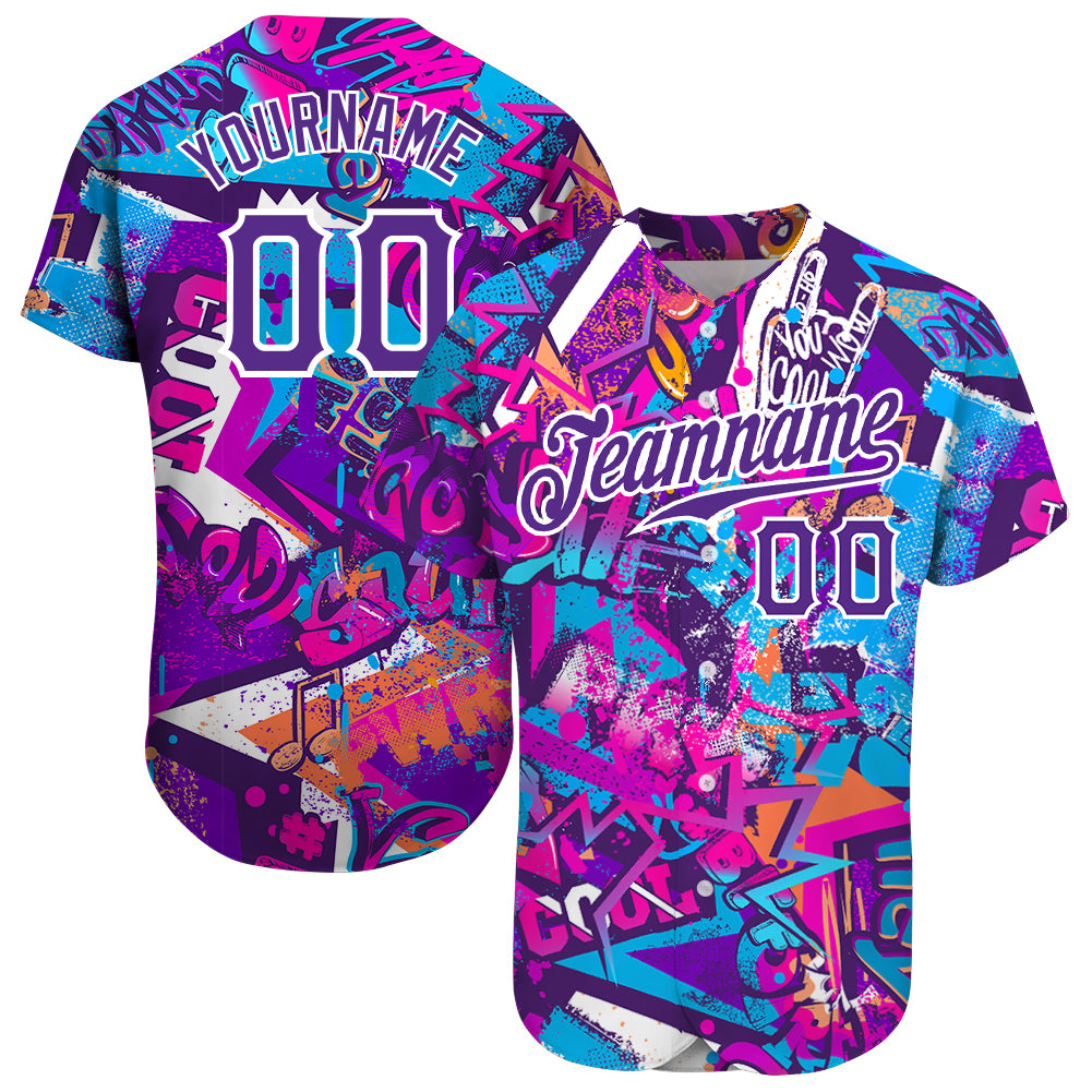 Custom Name & Number Personalized 3D Graffiti Baseball Jersey White Purple Pattern Personalized Graffiti Words Pattern White-Purple