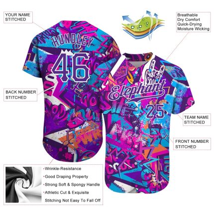 Custom Name and Number Personalized 3D Softball Jersey in White-Purple Graffiti Words Pattern Personalized Graffiti Words
