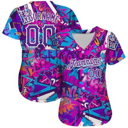 Custom Name and Number Personalized 3D Softball Jersey in White-Purple Graffiti Words Pattern Personalized Graffiti Words