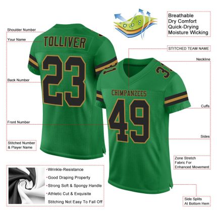 Custom Personalized Football Jersey with Team Name and Number in Grass Green, Black, Old Gold Mesh Personalized Grass Green