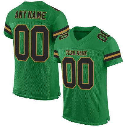 Custom Personalized Football Jersey with Team Name and Number in Grass Green, Black, Old Gold Mesh Personalized Grass Green