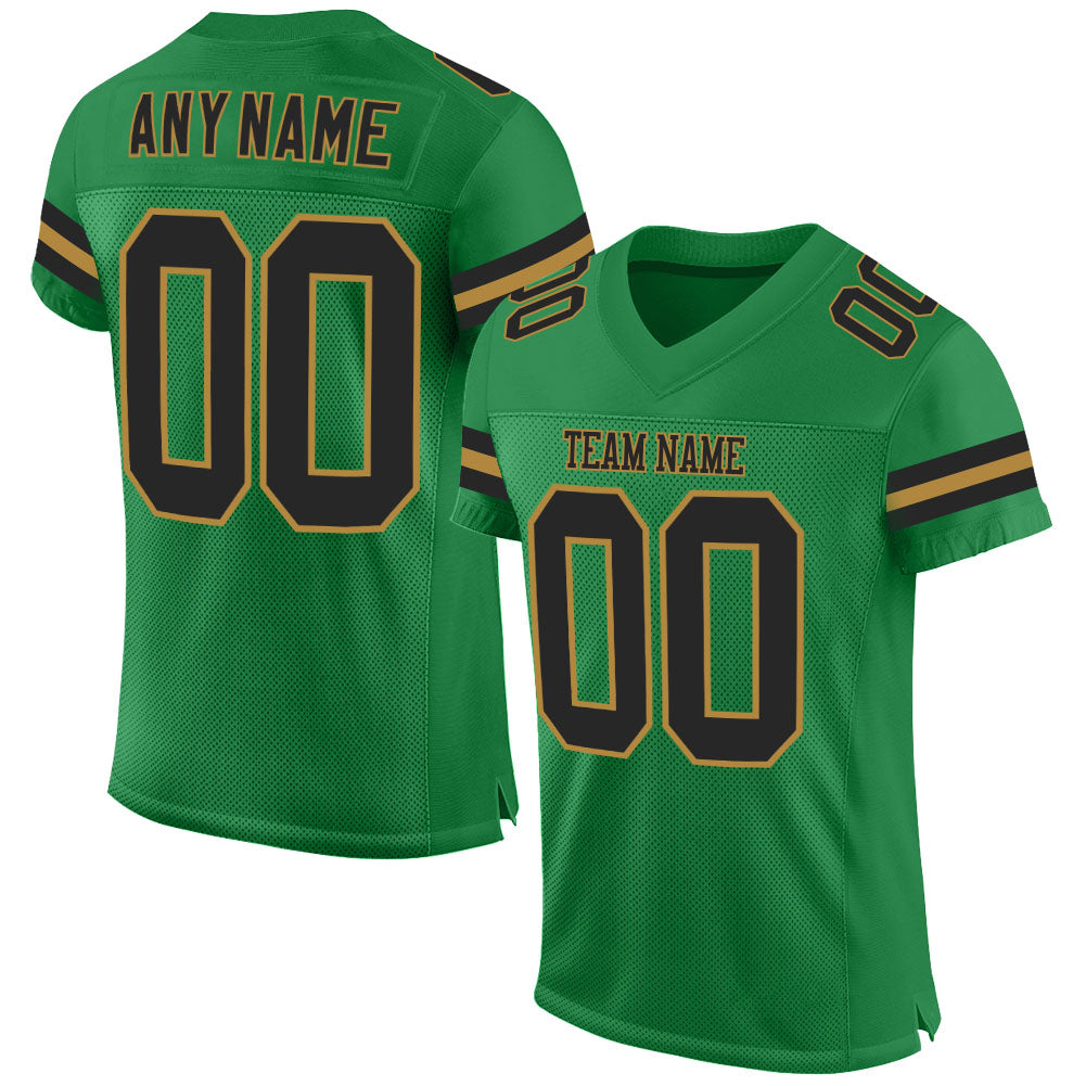 Custom Personalized Football Jersey with Team Name and Number in Grass Green, Black, Old Gold Mesh Personalized Grass Green
